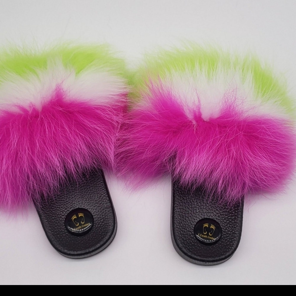 Mini Fur Slides Hot Pink/white/Mint